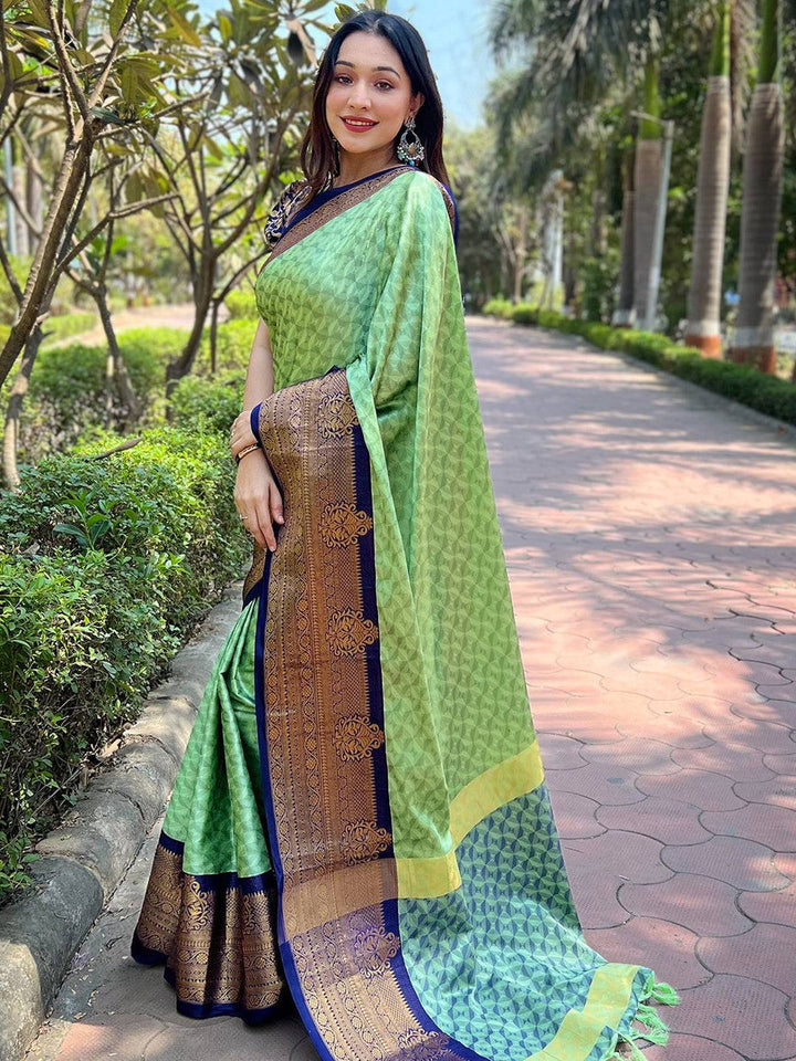 Elegant Light Green Banarasi Silk Saree with Navy Blue Zari Border