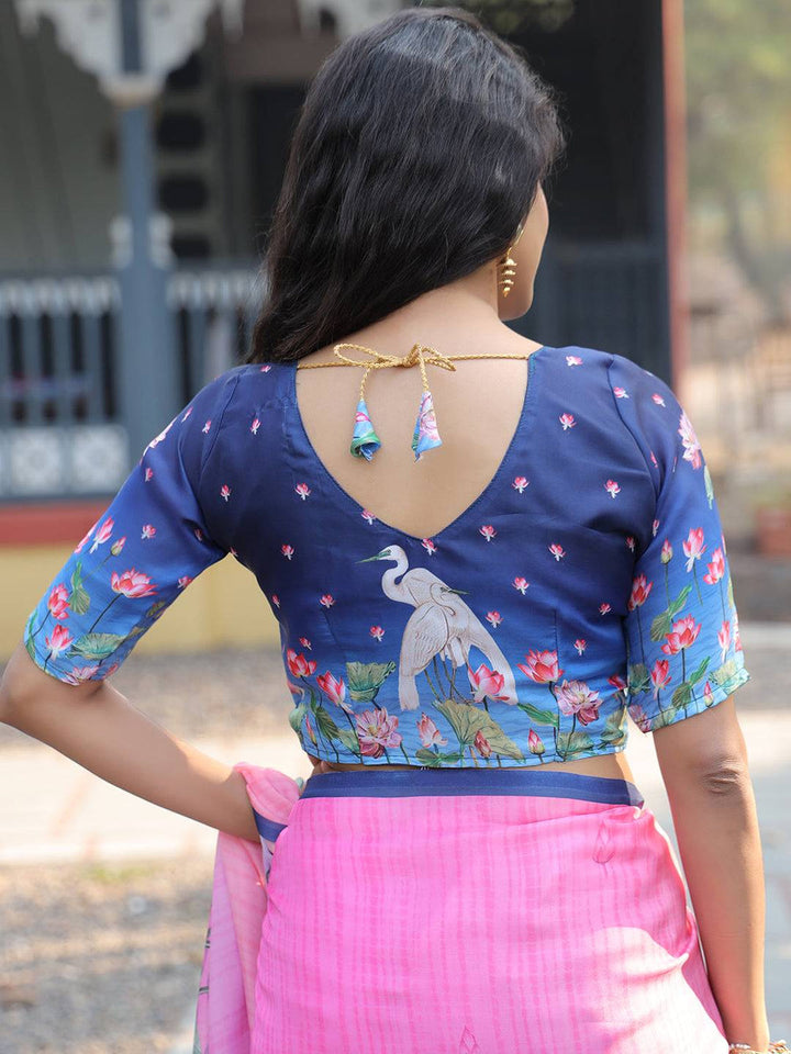 Pink Linen Soft Silk Saree with Lotus Floral Print & Blue Border