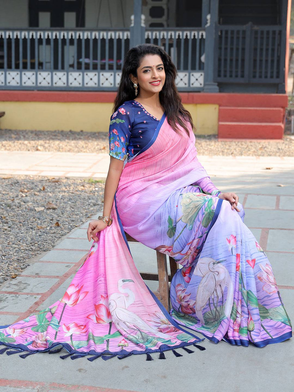 Pink Linen Soft Silk Saree with Lotus Floral Print & Blue Border