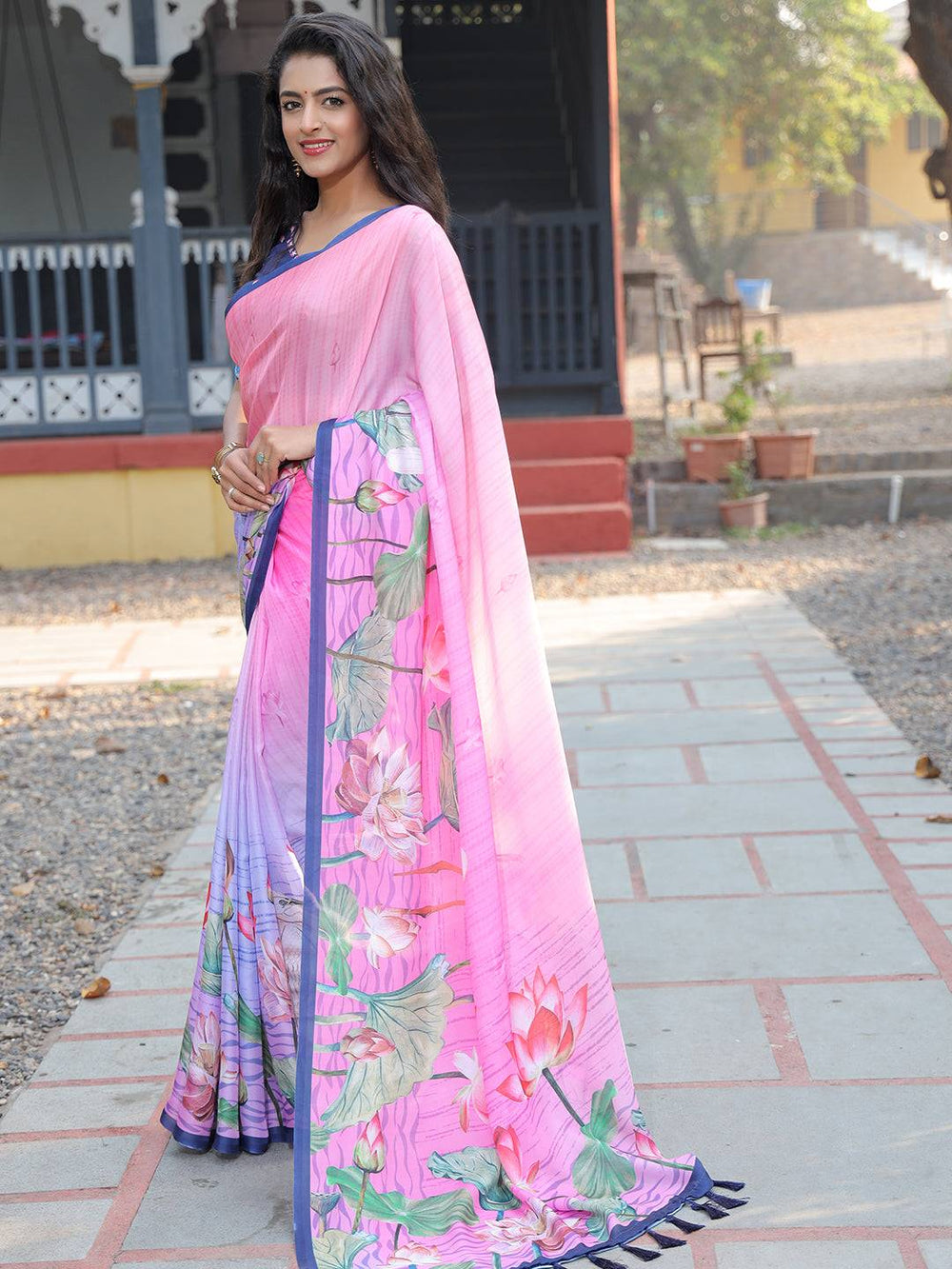 Pink Linen Soft Silk Saree with Lotus Floral Print & Blue Border