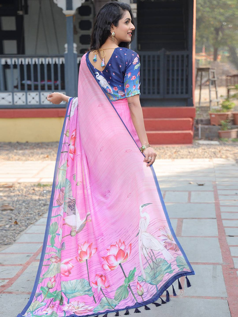 Pink Linen Soft Silk Saree with Lotus Floral Print & Blue Border