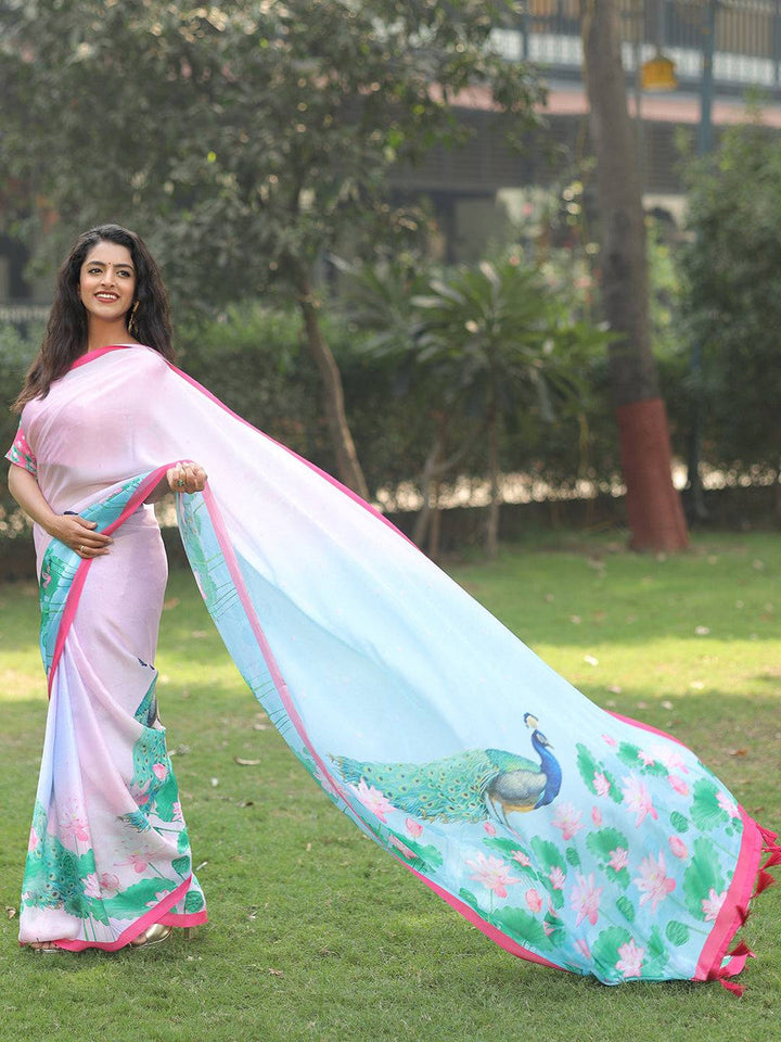 Pink & Sky Blue Linen Soft Silk Saree with Lotus Floral Print & Peacock Pallu