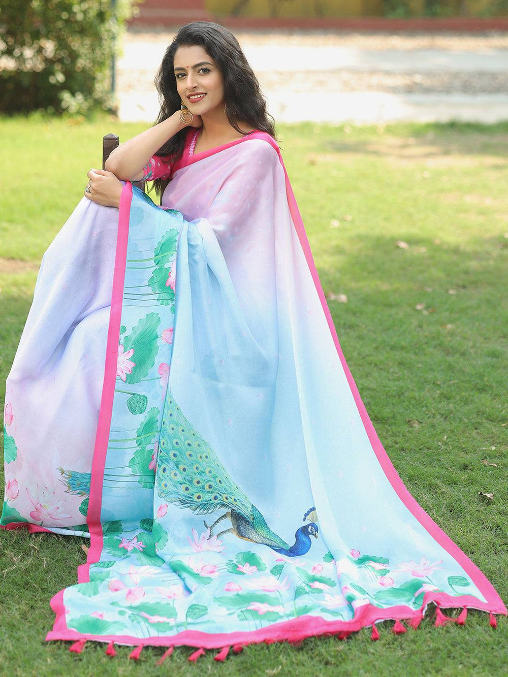 Pink & Sky Blue Linen Soft Silk Saree with Lotus Floral Print & Peacock Pallu