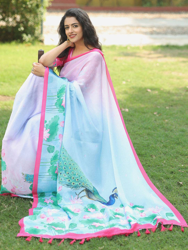 Pink & Sky Blue Linen Soft Silk Saree with Lotus Floral Print & Peacock Pallu