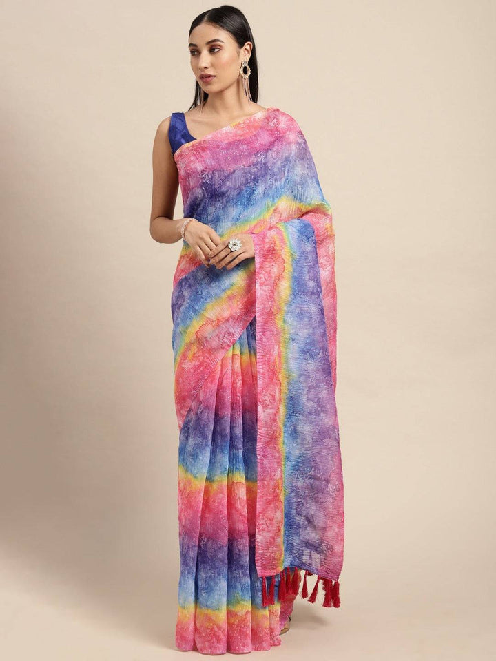 Multicolor Tie Dye Crepe Saree with Vibrant Rainbow Shades & Tassel Pallu