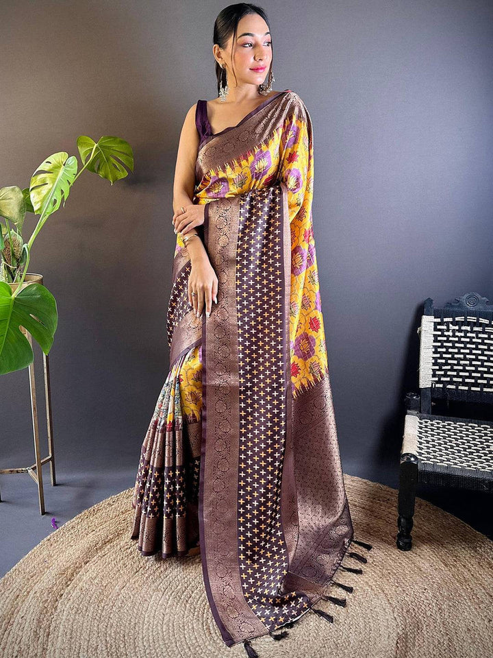 Yellow & Brown Banarasi Silk Saree with Floral Print and Geometric Zari Weaving