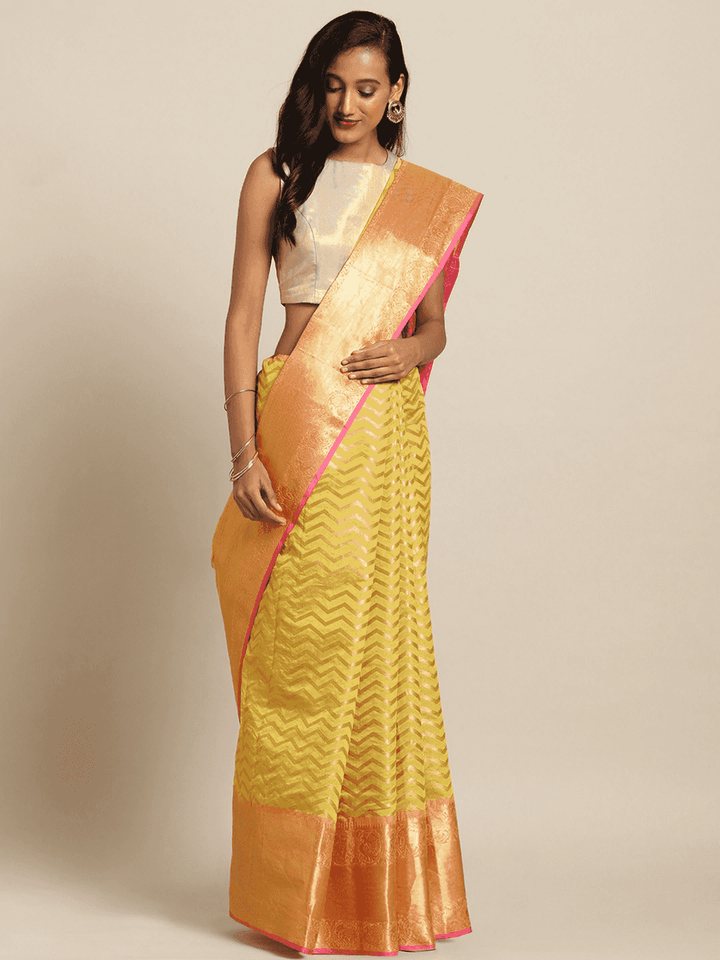 Yellow Banarasi Silk Saree with Gold Zari Chevron Weave & Contrast Pink Border
