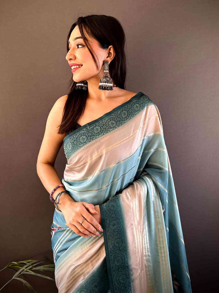 Teal & Beige Printed Silk Saree with Floral Design and Rich Woven Pallu