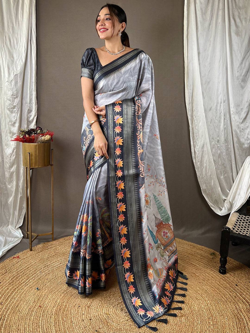 Grey Linen Soft Silk Saree with Kashmiri Floral Print & Black Border