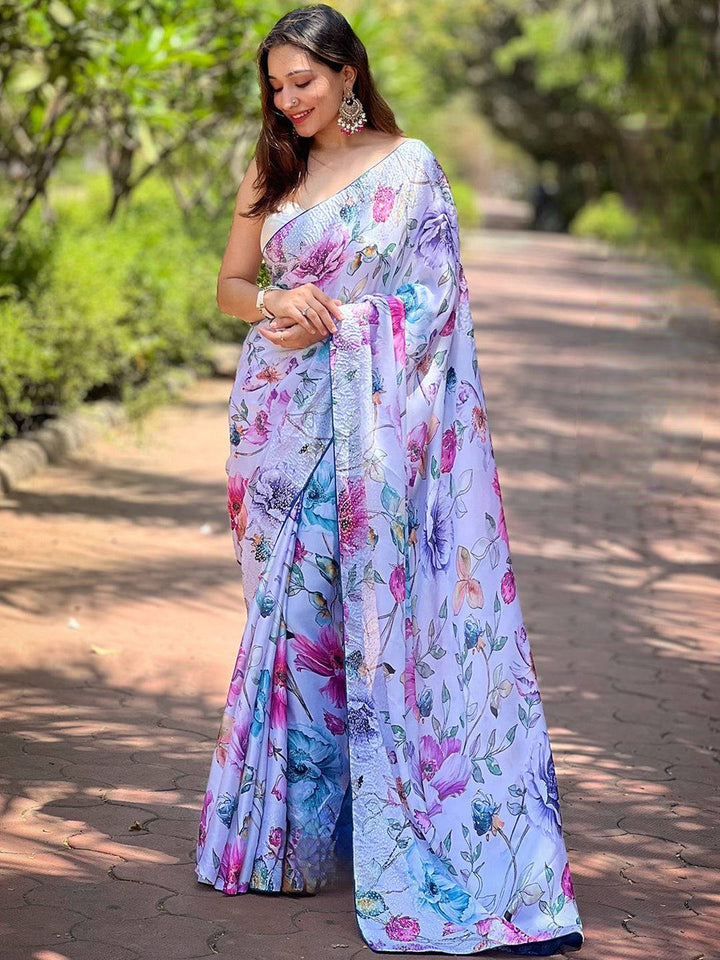 Lavender Soft Organza Saree with Multicolor Floral Print