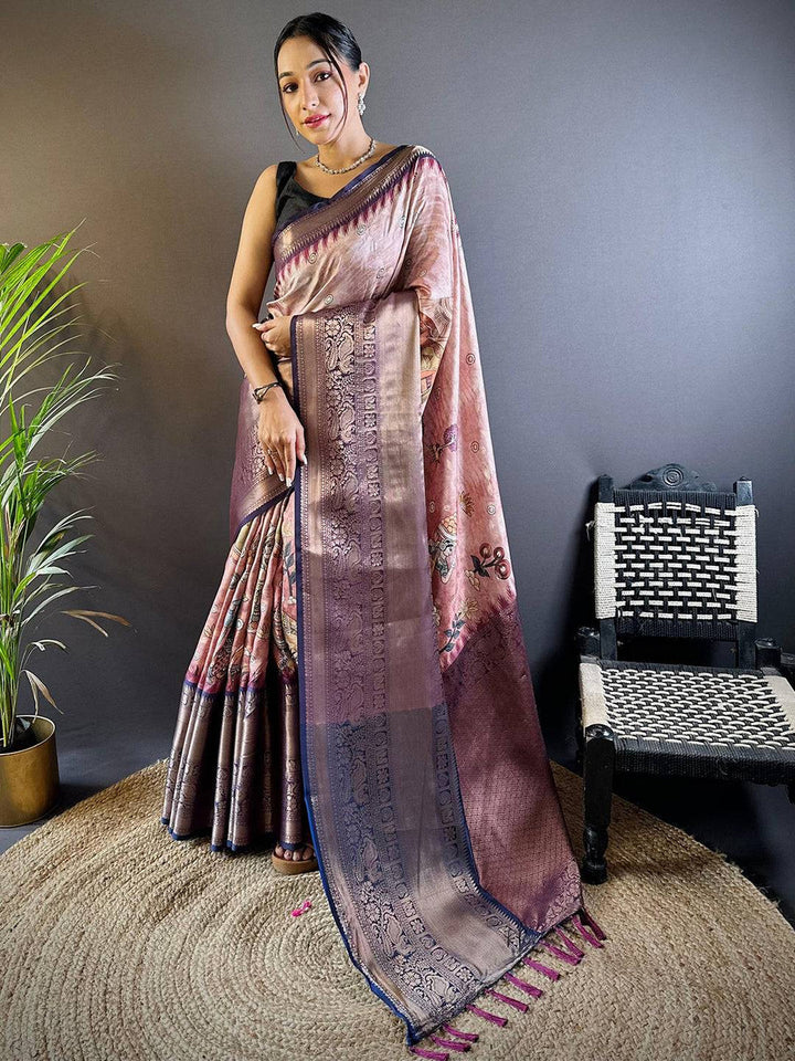 Rose Gold Soft Silk Saree with Woven Zari Border & Subtle Floral Motifs