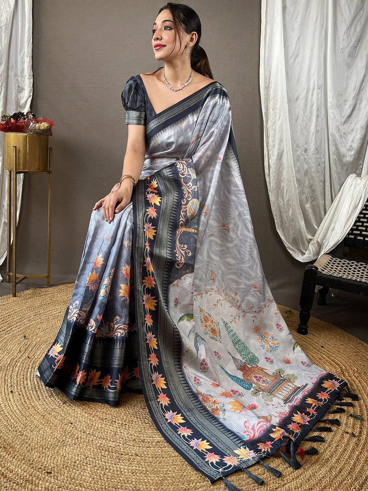 Grey Linen Soft Silk Saree with Kashmiri Floral Print & Black Border