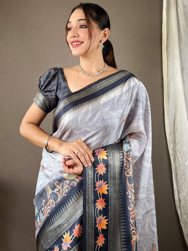 Grey Linen Soft Silk Saree with Kashmiri Floral Print & Black Border