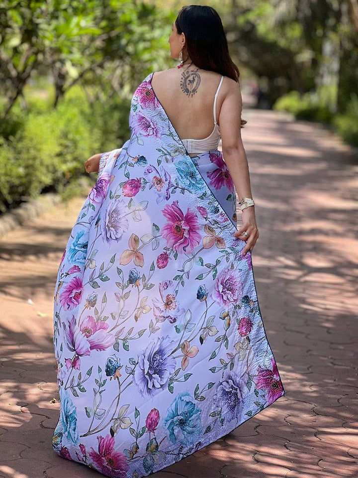 Lavender Soft Organza Saree with Multicolor Floral Print