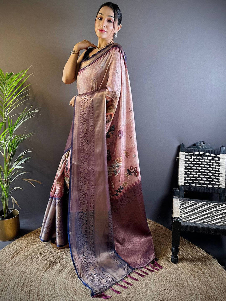 Rose Gold Soft Silk Saree with Woven Zari Border & Subtle Floral Motifs