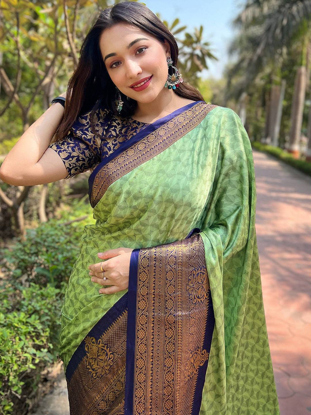 Elegant Light Green Banarasi Silk Saree with Navy Blue Zari Border