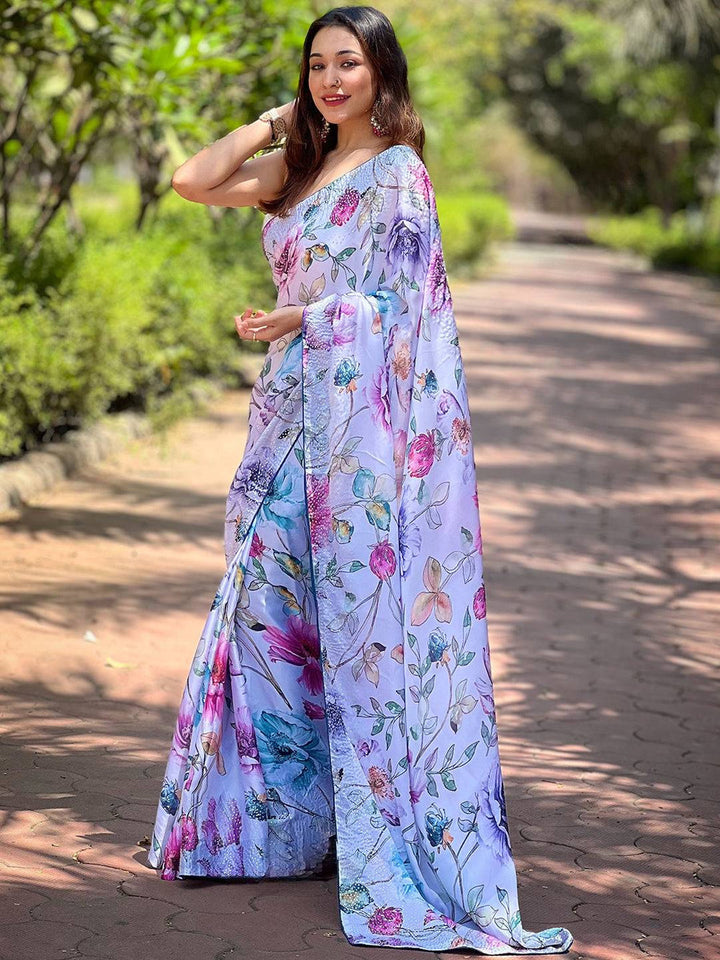 Lavender Soft Organza Saree with Multicolor Floral Print
