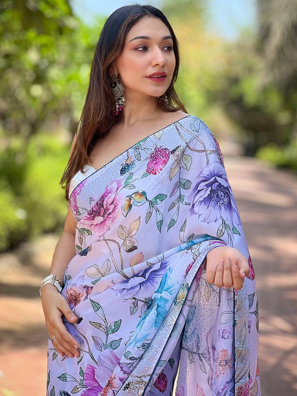 Lavender Soft Organza Saree with Multicolor Floral Print