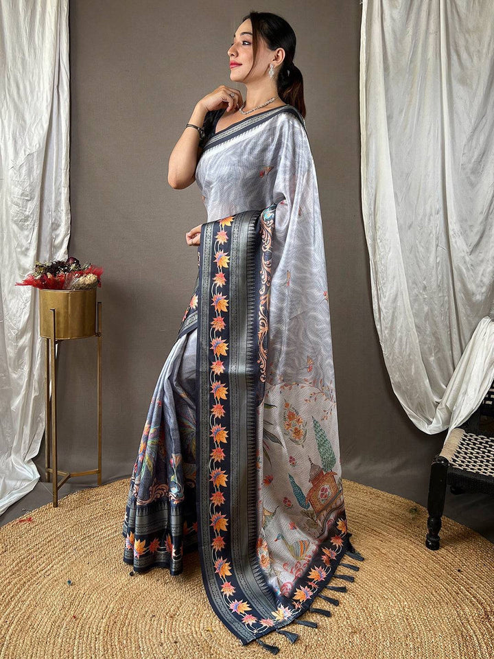 Grey Linen Soft Silk Saree with Kashmiri Floral Print & Black Border