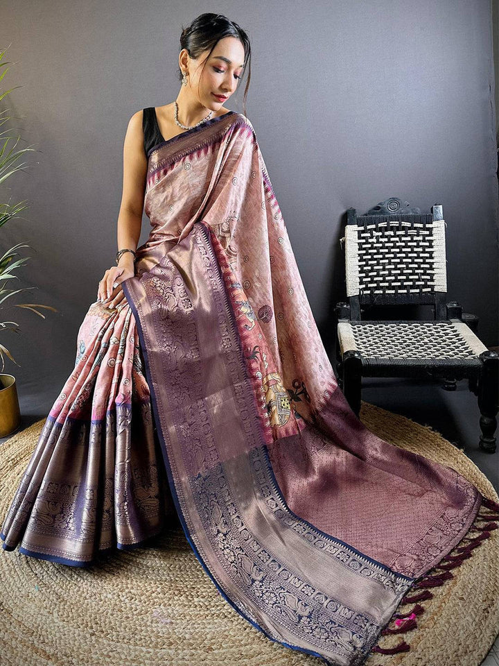 Rose Gold Soft Silk Saree with Woven Zari Border & Subtle Floral Motifs