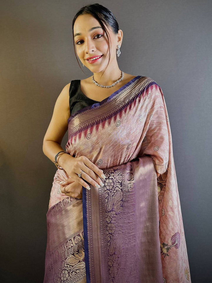 Rose Gold Soft Silk Saree with Woven Zari Border & Subtle Floral Motifs