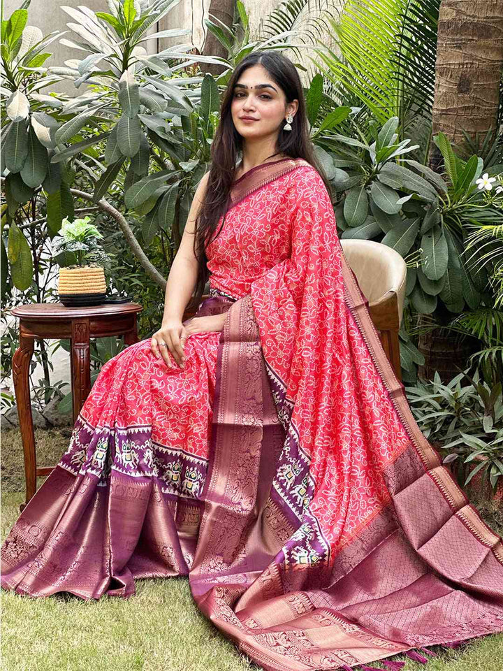 Red Patola Print Silk Saree with Maroon Zari Border & Traditional Motif Pallu