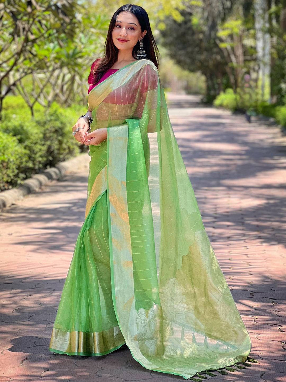 Light Green Soft Organza Saree with Golden Zari Border & Contrast Pink Blouse