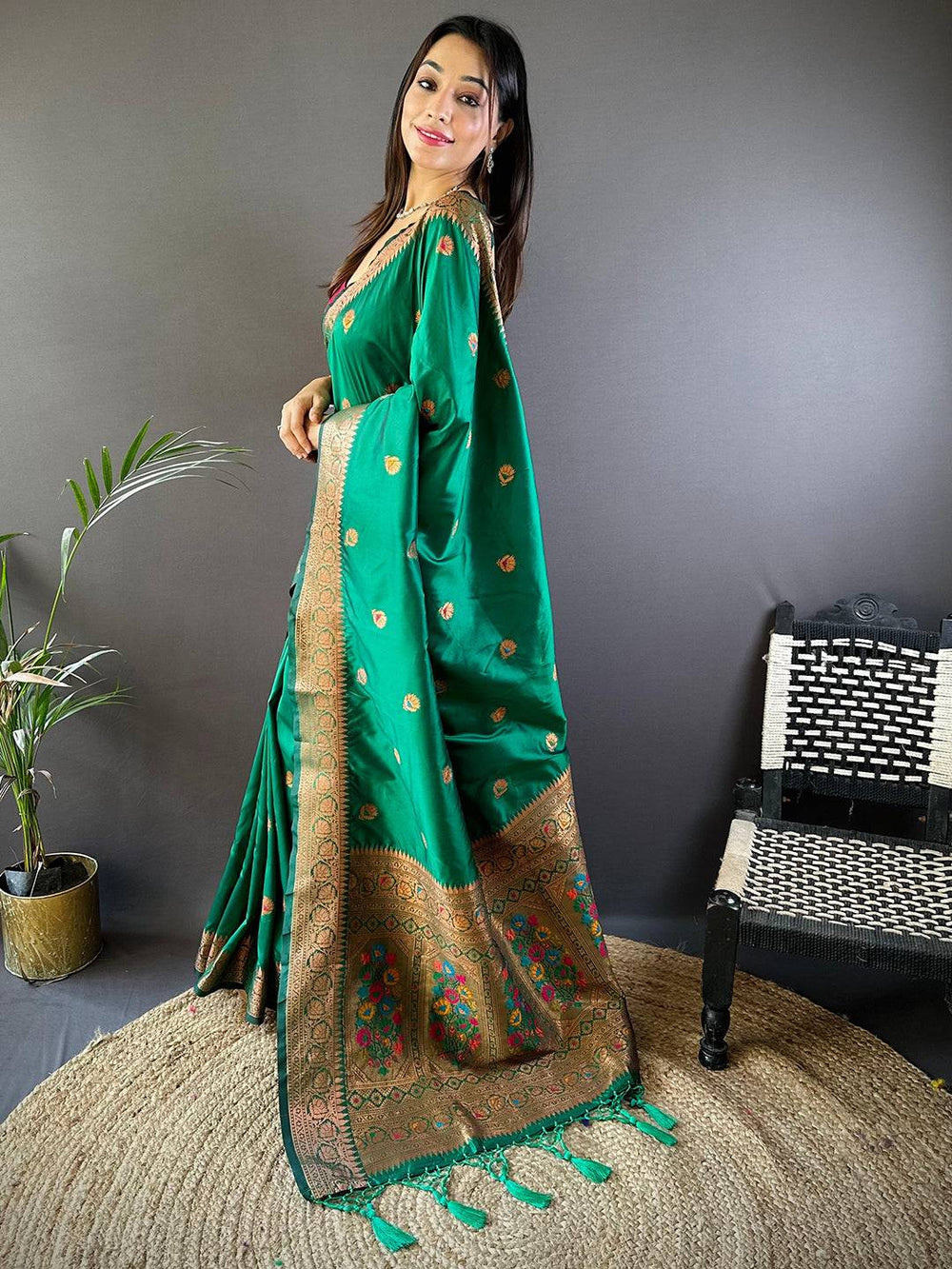Emerald Green Banarasi Soft Silk Saree with Zari Weaving & Floral Meenakari Border