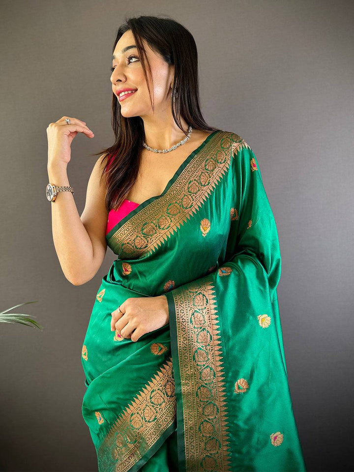 Emerald Green Banarasi Soft Silk Saree with Zari Weaving & Floral Meenakari Border
