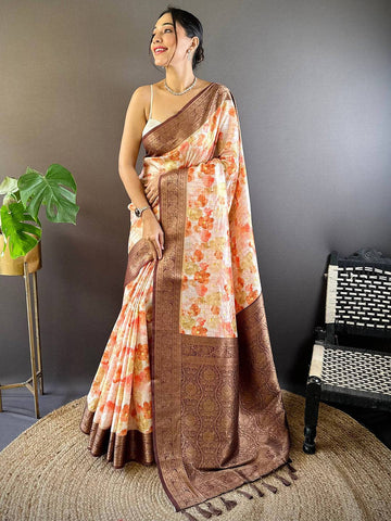 Cream & Peach Soft Silk Saree with Floral Print and Rich Brown Zari Border