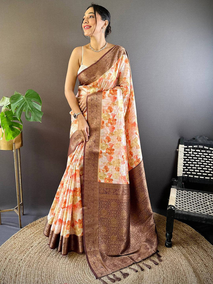 Cream & Peach Soft Silk Saree with Floral Print and Rich Brown Zari Border