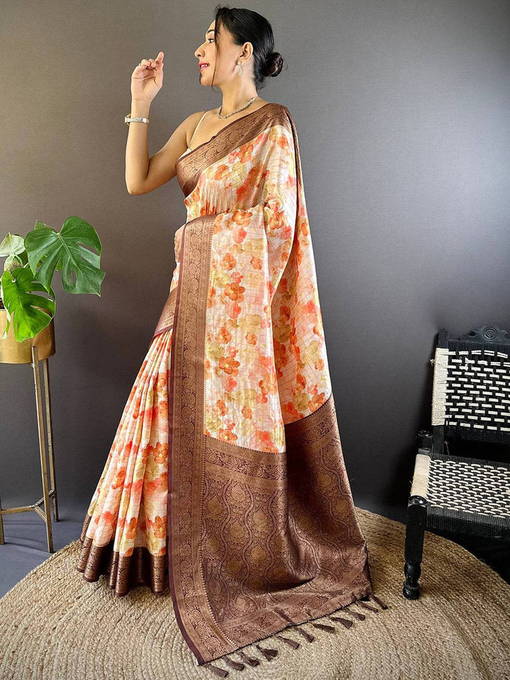 Cream & Peach Soft Silk Saree with Floral Print and Rich Brown Zari Border