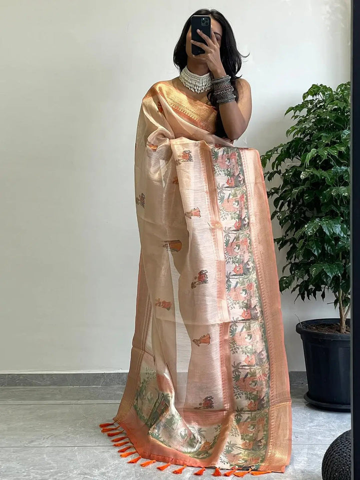 Beige Soft Silk Saree with Traditional Village Print & Gold Zari Border