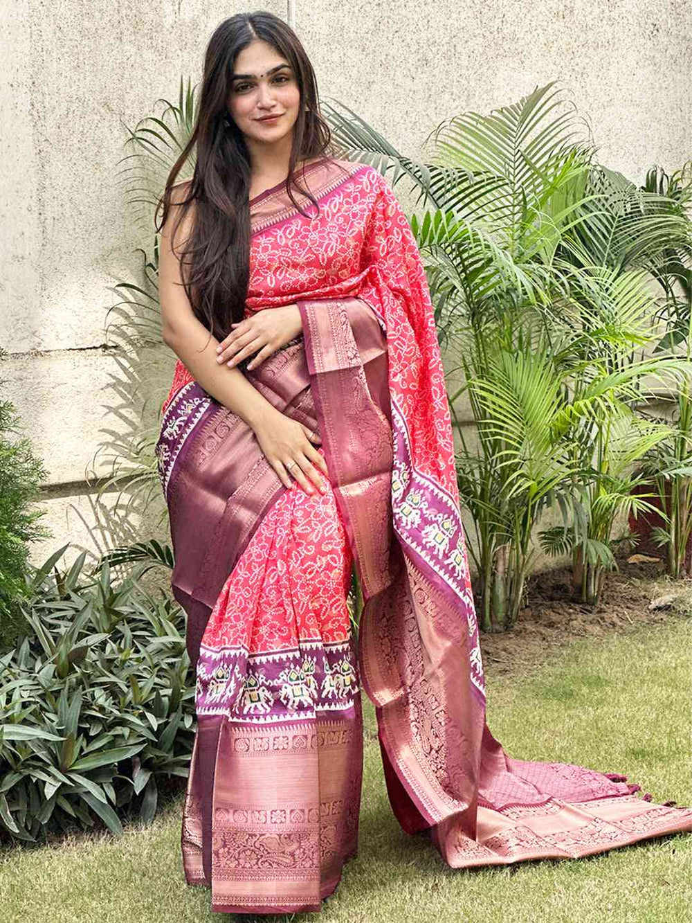 Red Patola Print Silk Saree with Maroon Zari Border & Traditional Motif Pallu