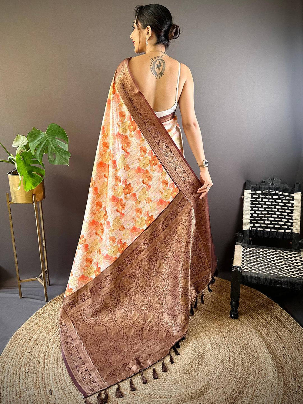 Cream & Peach Soft Silk Saree with Floral Print and Rich Brown Zari Border
