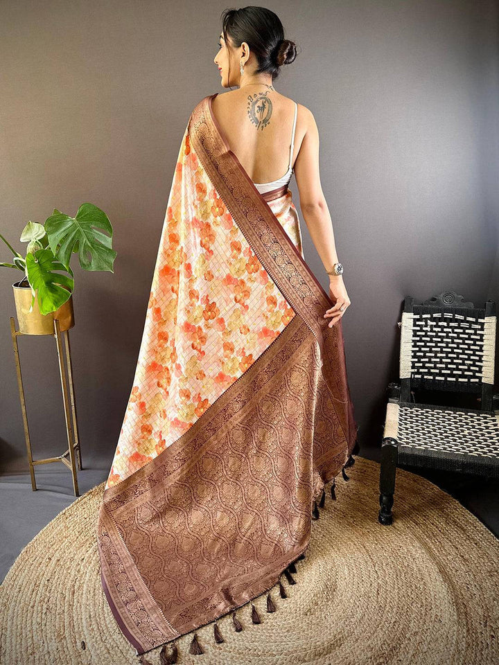 Cream & Peach Soft Silk Saree with Floral Print and Rich Brown Zari Border