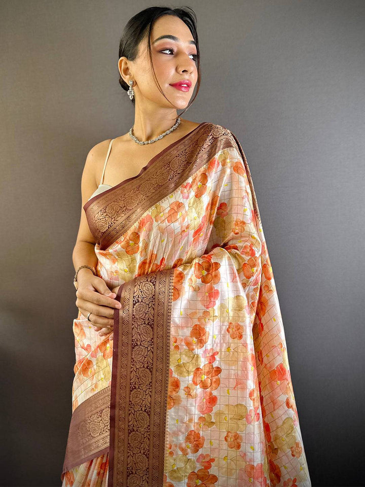 Cream & Peach Soft Silk Saree with Floral Print and Rich Brown Zari Border