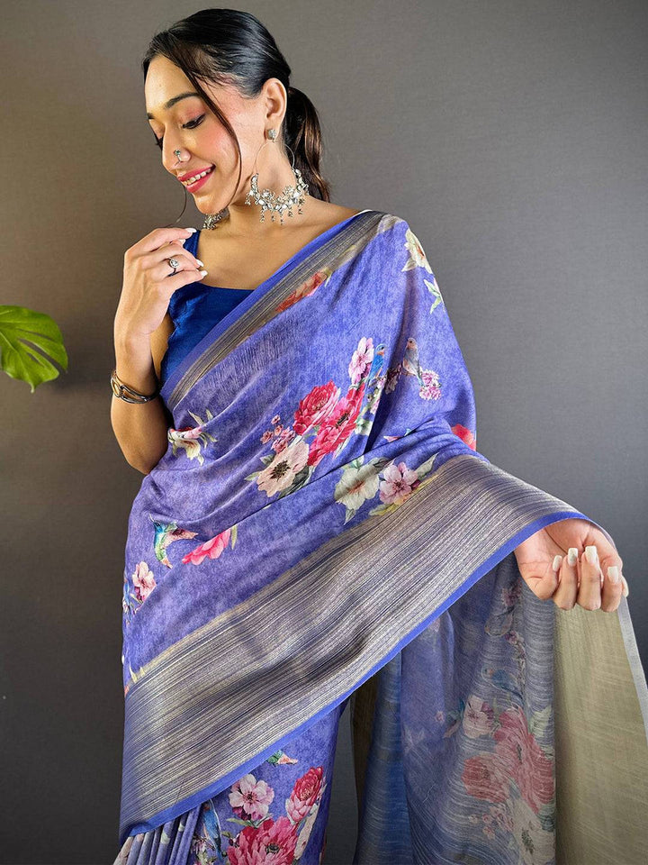 Royal Blue Linen Soft Silk Saree with Floral Print & Striped Pallu