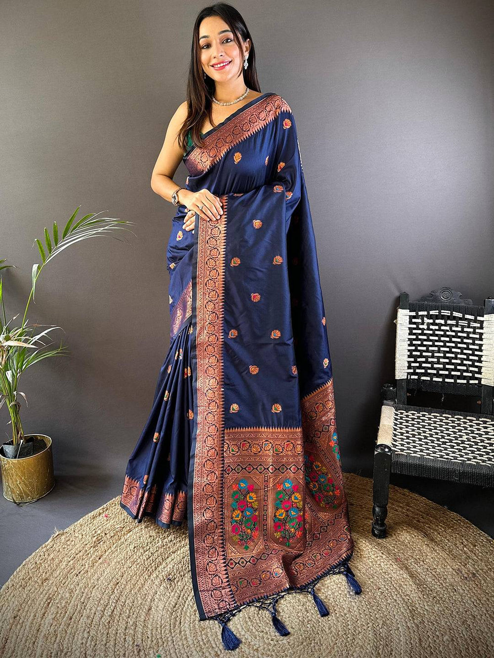 Navy Blue Soft Silk Saree with Copper Zari Border & Multi Color Floral Weaving