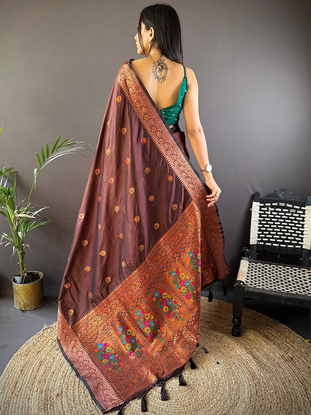 Chocolate Brown Banarasi Soft Silk Saree with Zari Weaving & Butta Work