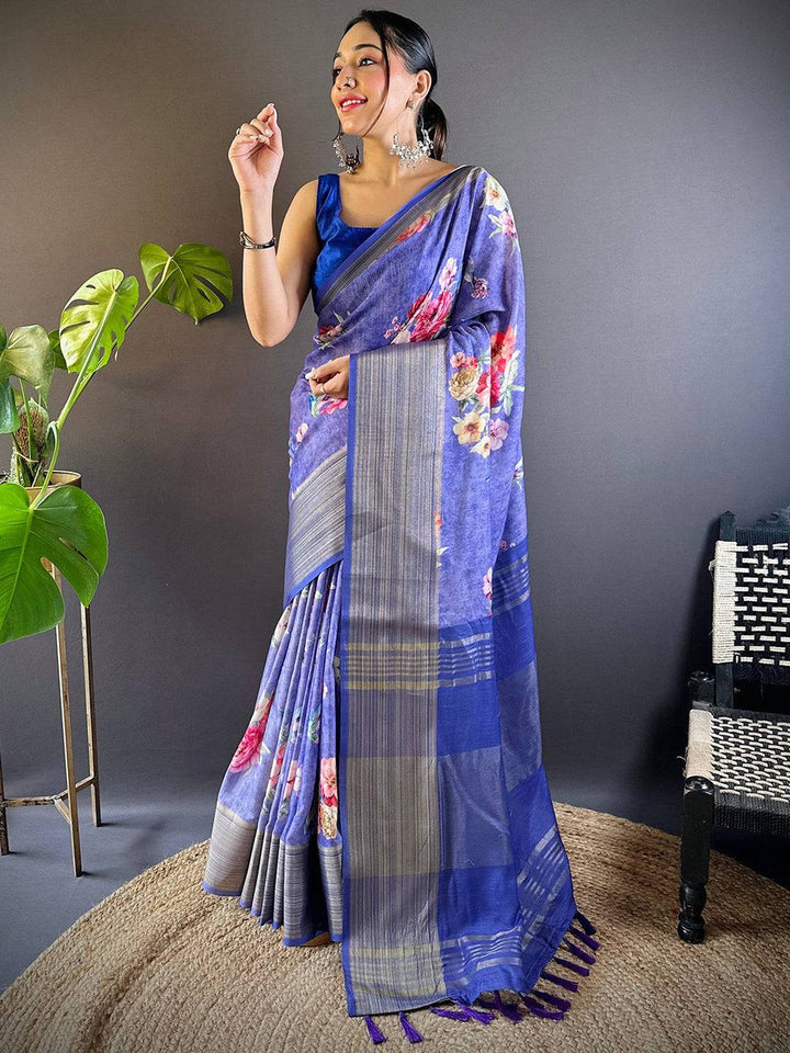 Royal Blue Linen Soft Silk Saree with Floral Print & Striped Pallu