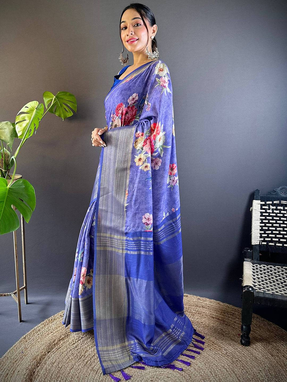 Royal Blue Linen Soft Silk Saree with Floral Print & Striped Pallu