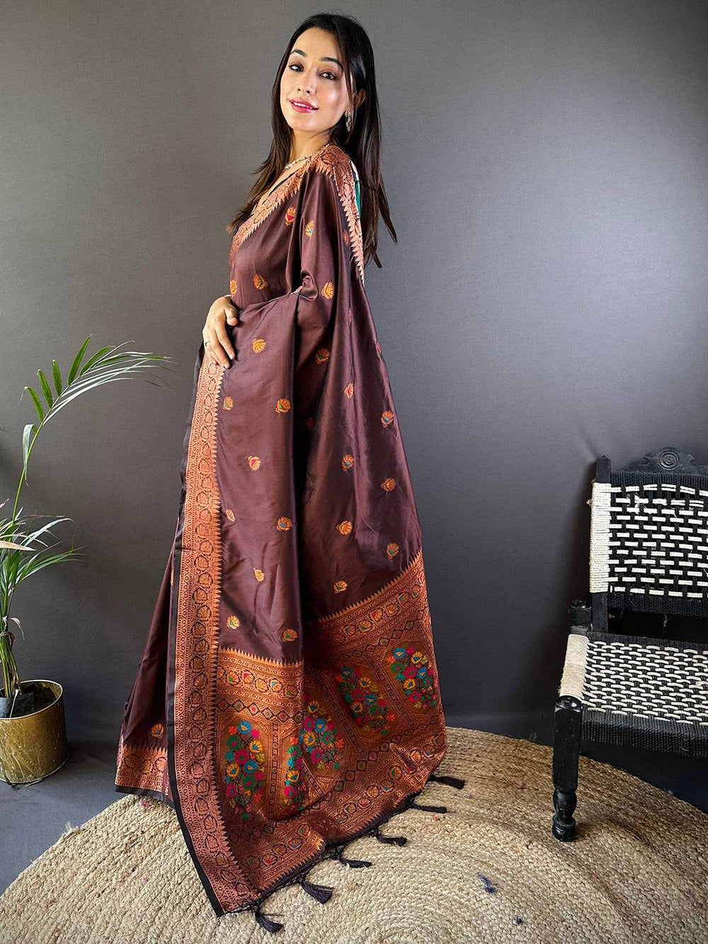 Chocolate Brown Banarasi Soft Silk Saree with Zari Weaving & Butta Work