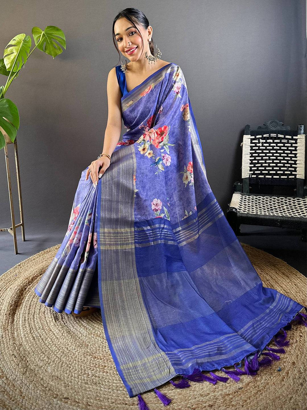 Royal Blue Linen Soft Silk Saree with Floral Print & Striped Pallu