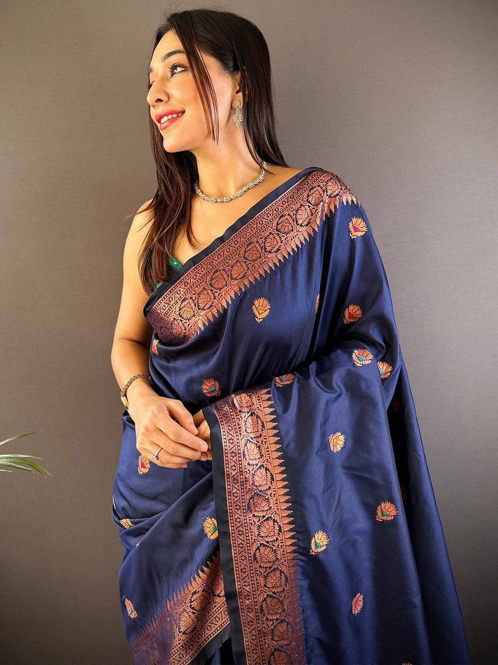 Navy Blue Soft Silk Saree with Copper Zari Border & Multi Color Floral Weaving