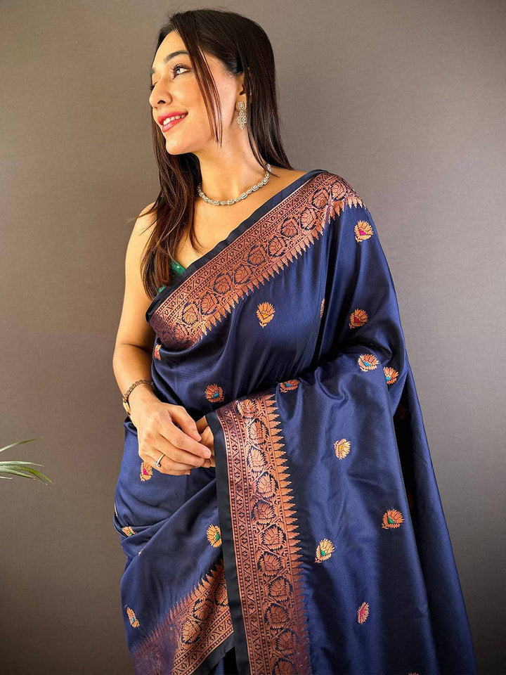 Navy Blue Soft Silk Saree with Copper Zari Border & Multi Color Floral Weaving