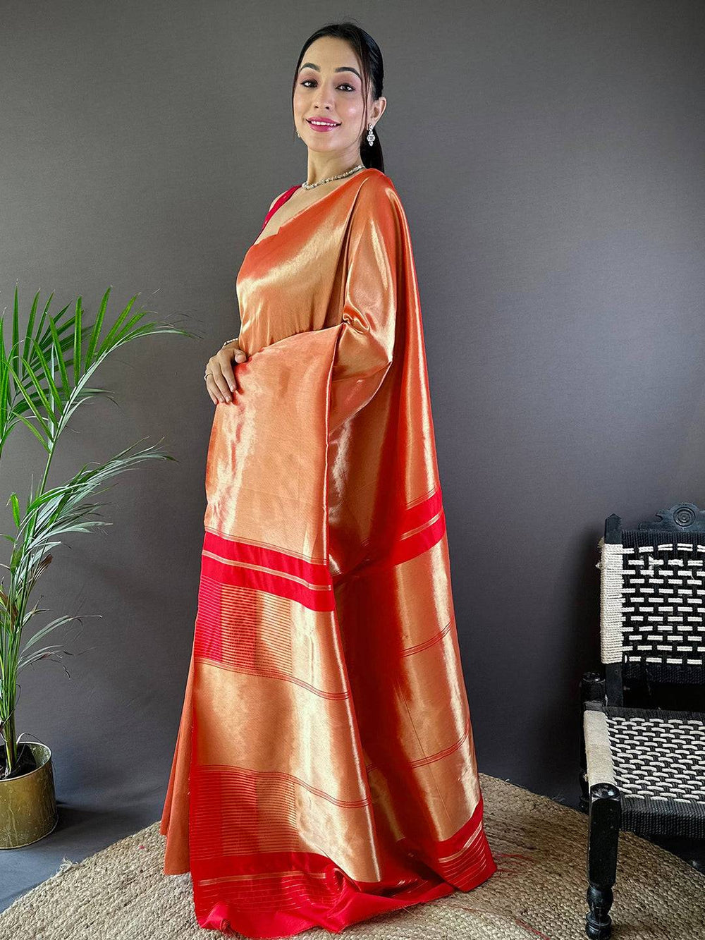 Peach & Red Kanjivaram Soft Silk Saree with Contrast Border and Rich Shine