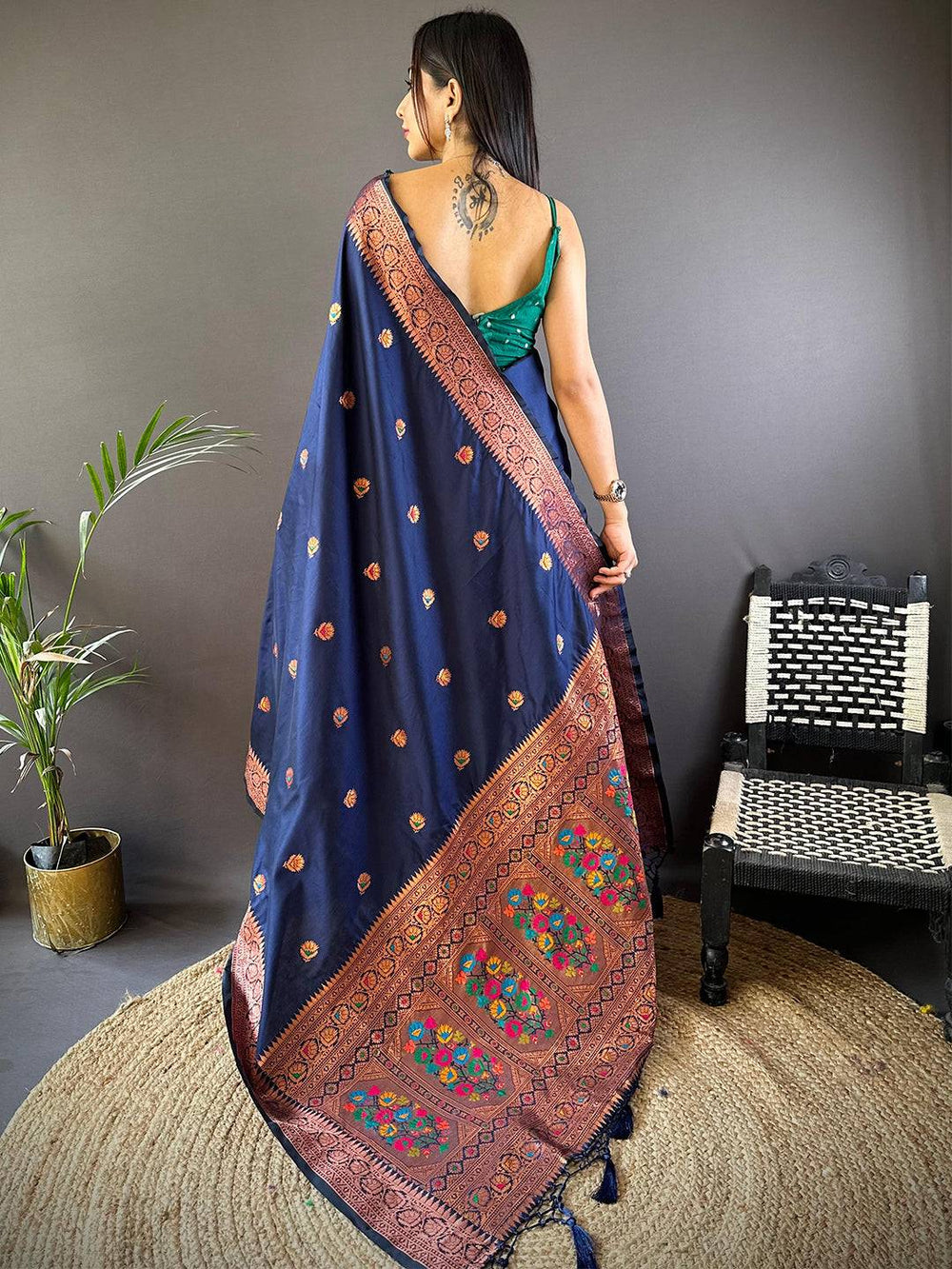 Navy Blue Soft Silk Saree with Copper Zari Border & Multi Color Floral Weaving
