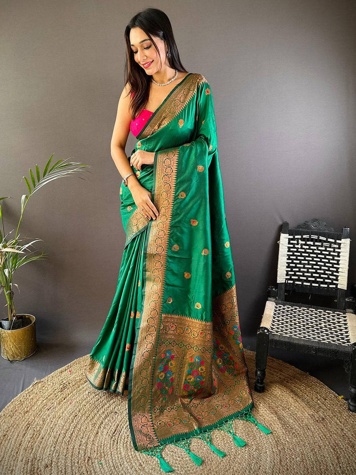 Emerald Green Banarasi Soft Silk Saree with Zari Weaving & Floral Meenakari Border