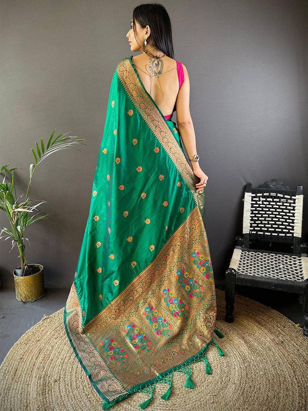 Emerald Green Banarasi Soft Silk Saree with Zari Weaving & Floral Meenakari Border